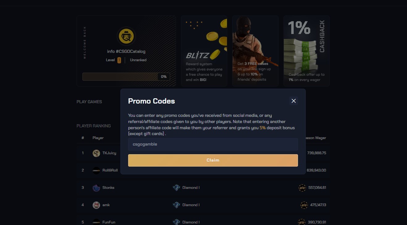 Enter the promo code on csgobig