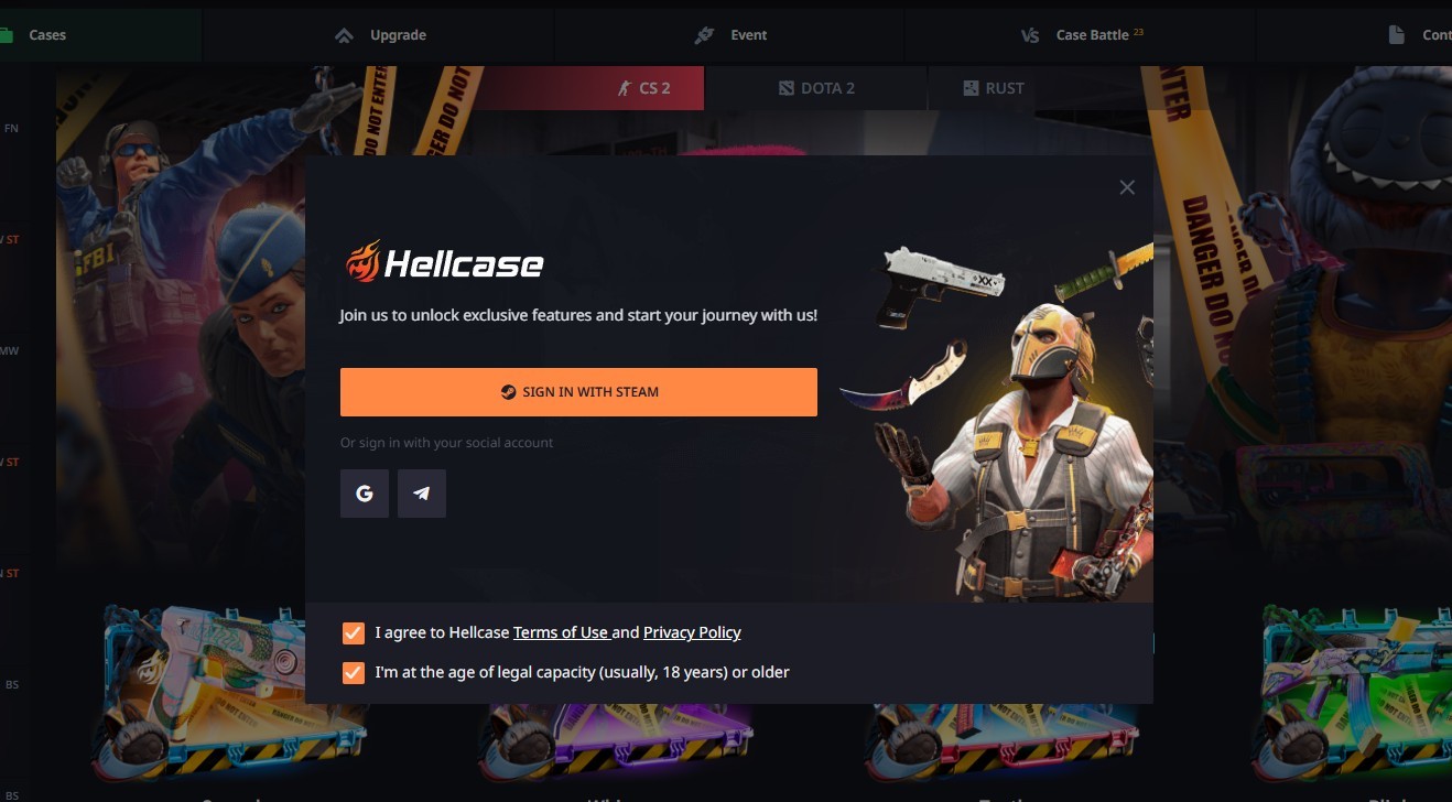 Sign in on hellcase.com