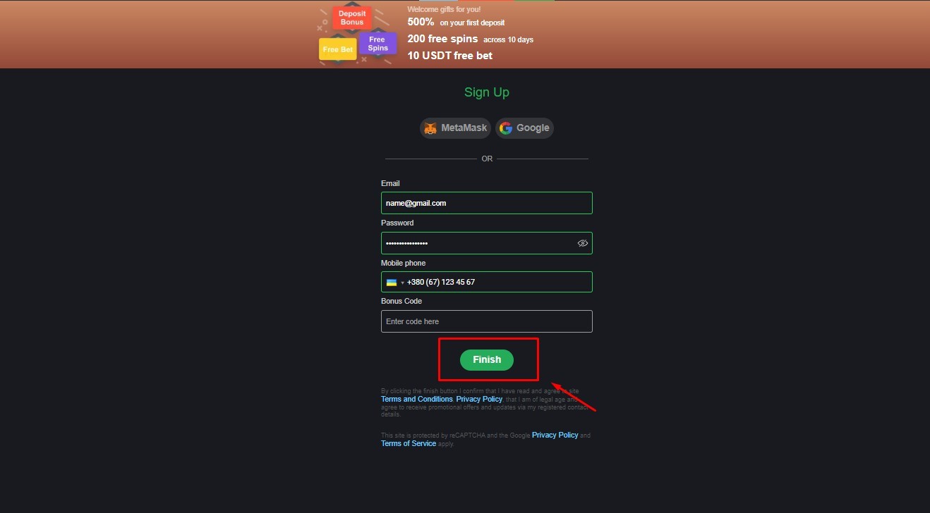 Complete the form on Bons Casino