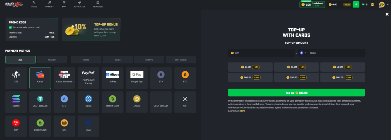 CSGORoll Deposit Methods