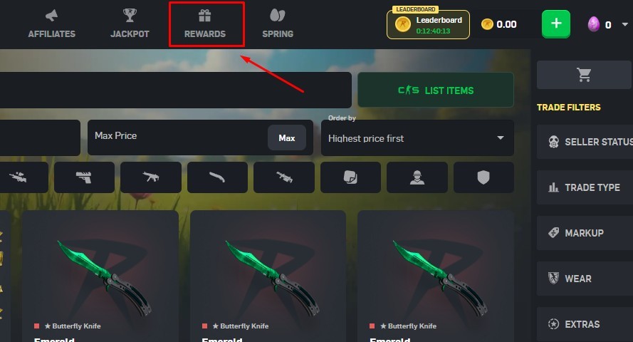 Rewards section on csgoroll