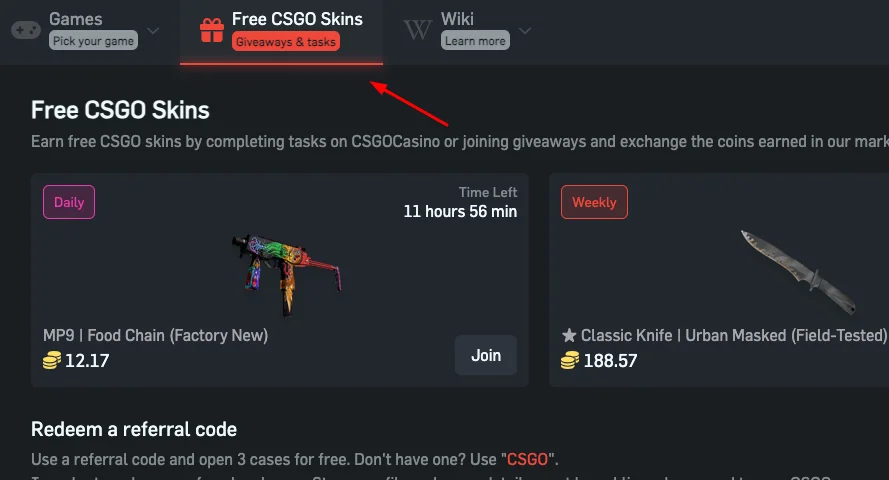 CSGOCasino free skins button