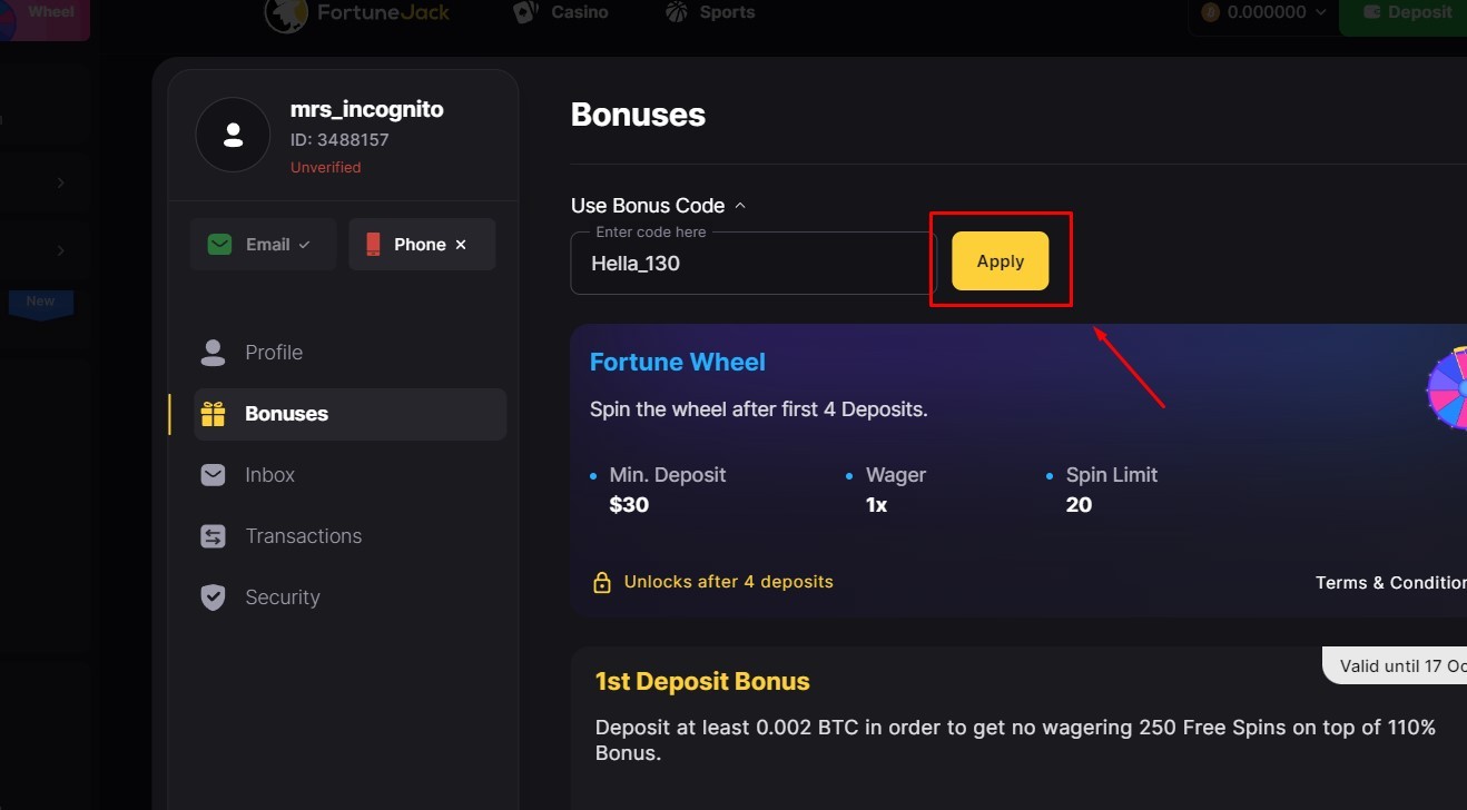 redeem your bonus on fortunejack