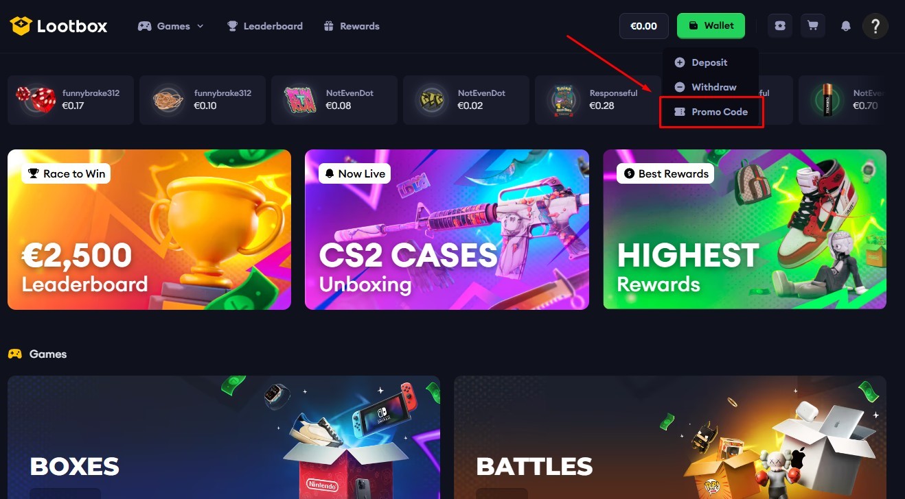 Promo Code tab on lootbox